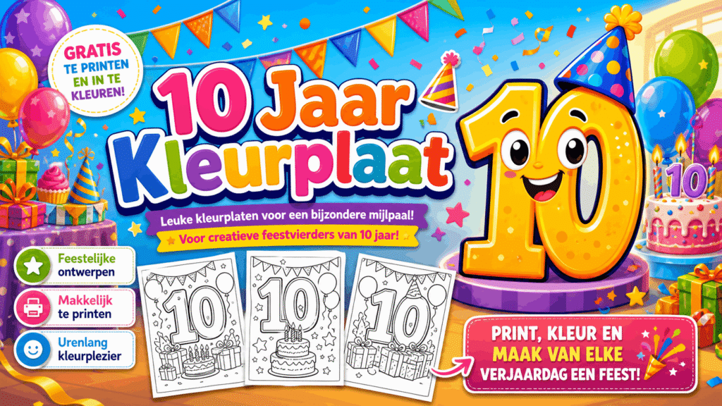 10 Jaar Kleurplaat met verjaardagscadeaus en feestelijke ballonnen