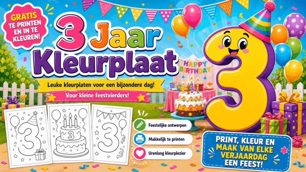 3 Jaar Kleurplaat met feestelijke ballonnen en taart
