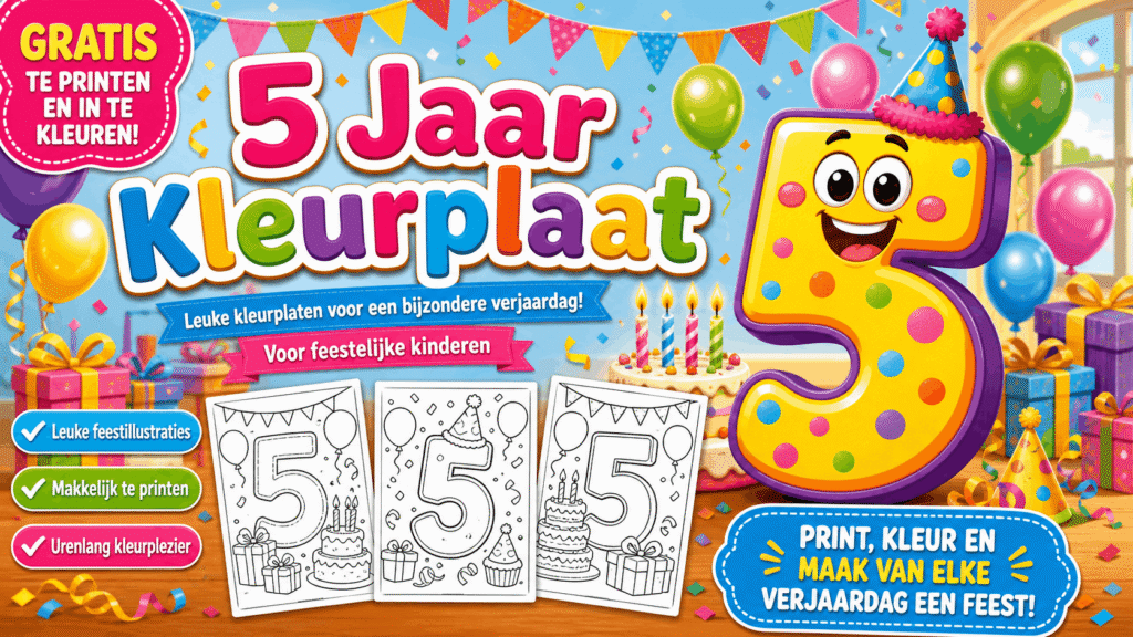 5 Jaar Kleurplaat met vrolijke verjaardagstaart en ballonnen