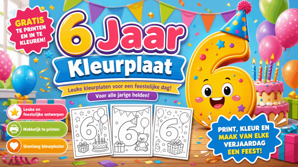 6 Jaar Kleurplaat met verjaardagscadeaus en ballonnen