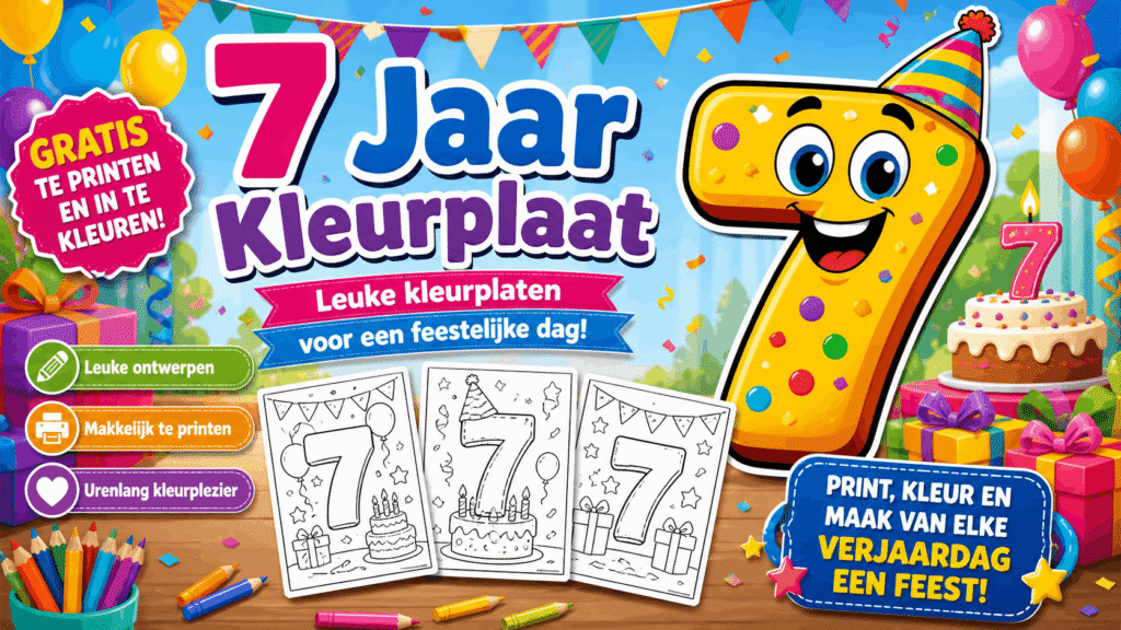 7 Jaar Kleurplaat met vrolijke verjaardagsdetails
