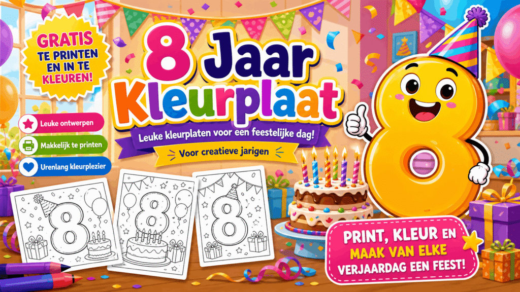 8 Jaar Kleurplaat met verjaardagstaart en ballonnen