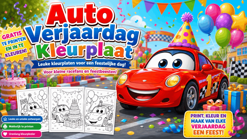 Auto Verjaardag Kleurplaat met feestelijke auto en ballonnen
