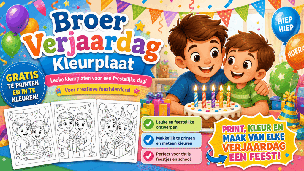 Broer Verjaardag Kleurplaat met feestelijke taart en ballonnen