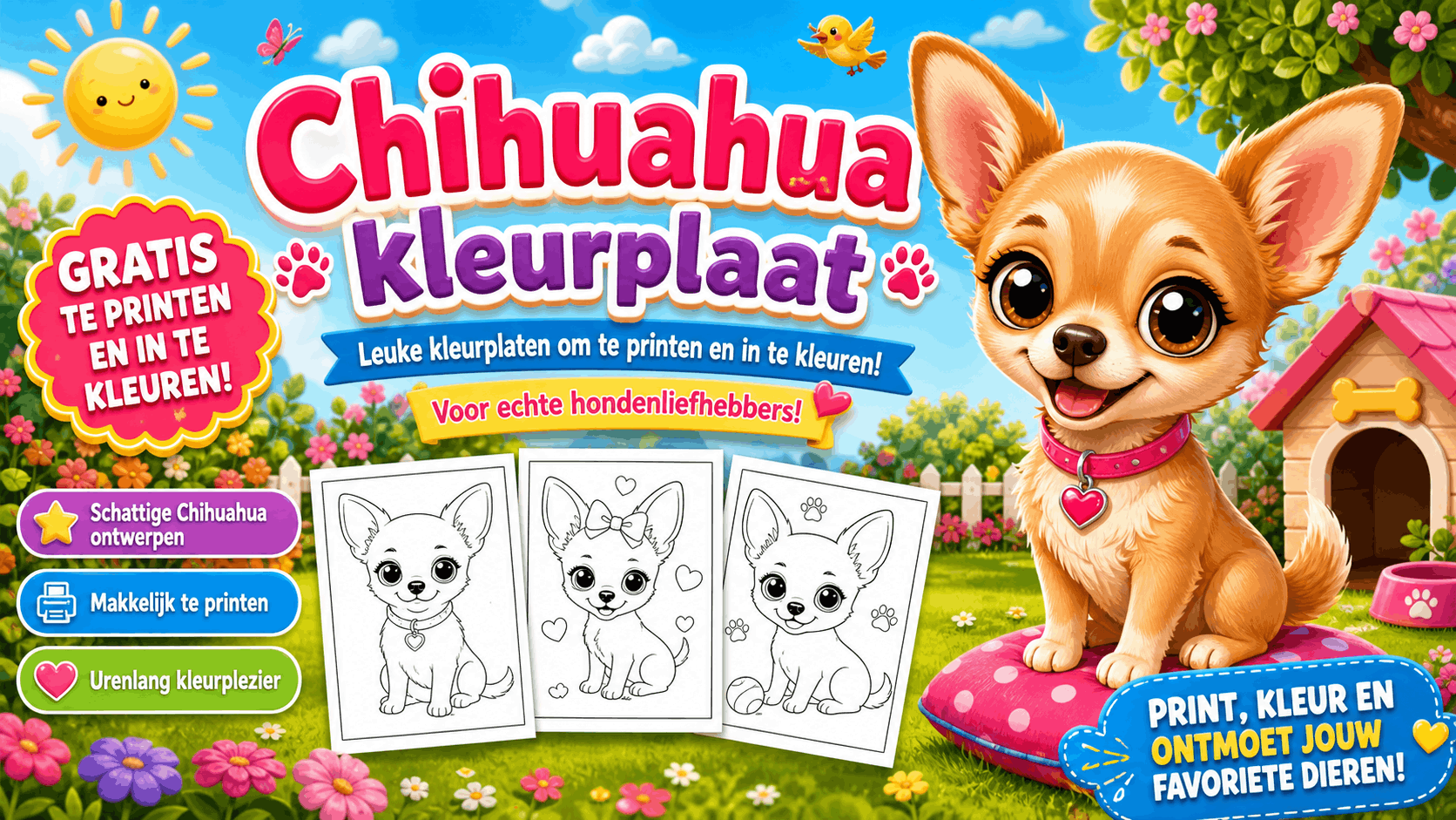 Chihuahua Kleurplaat met hond om in te kleuren en gratis te printen