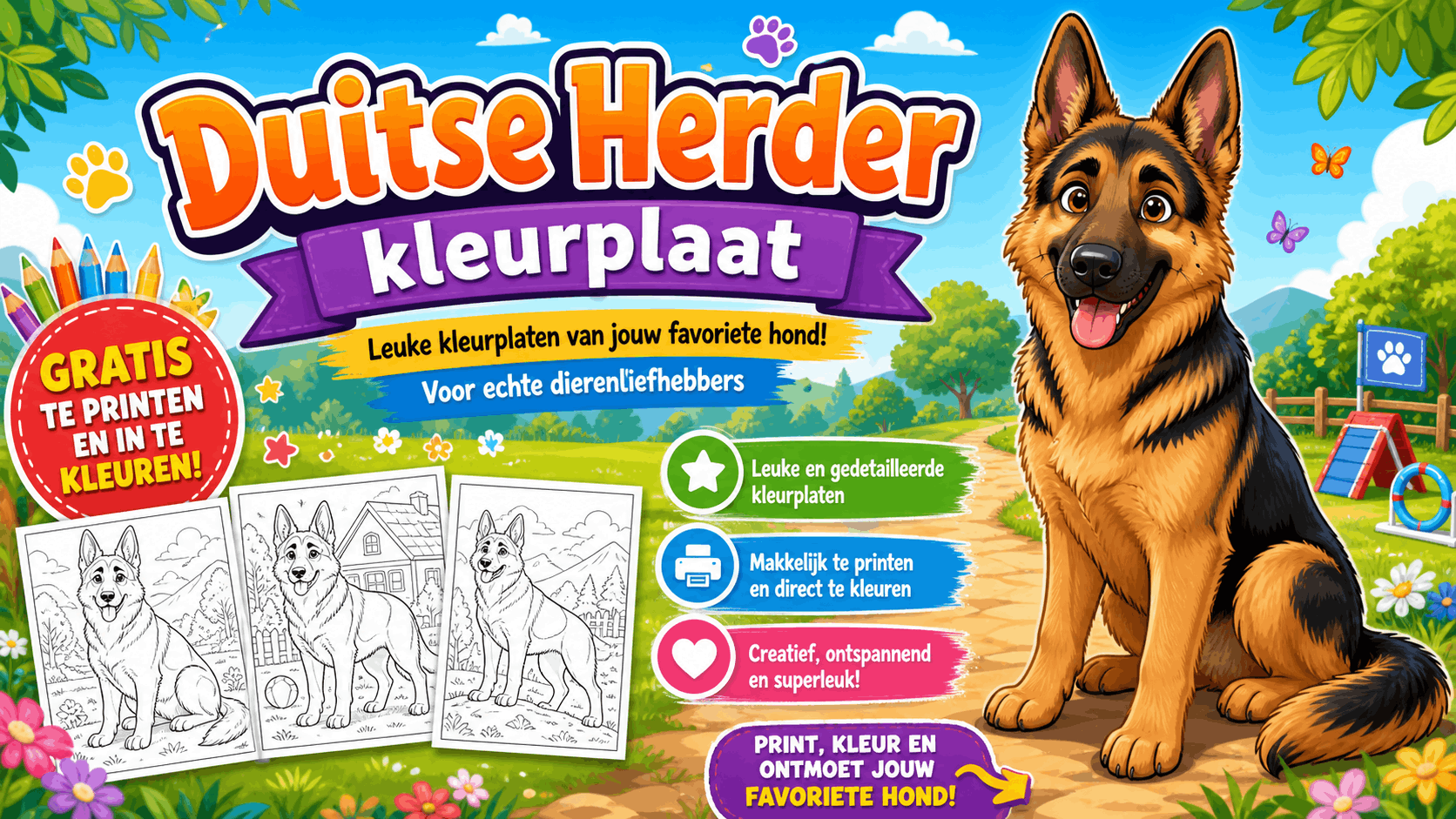Duitse Herder Kleurplaat met hond om in te kleuren en gratis te printen