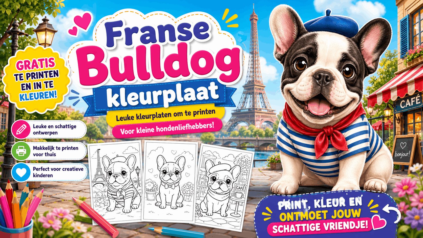 Franse Bulldog Kleurplaat met hond om in te kleuren en gratis te printen
