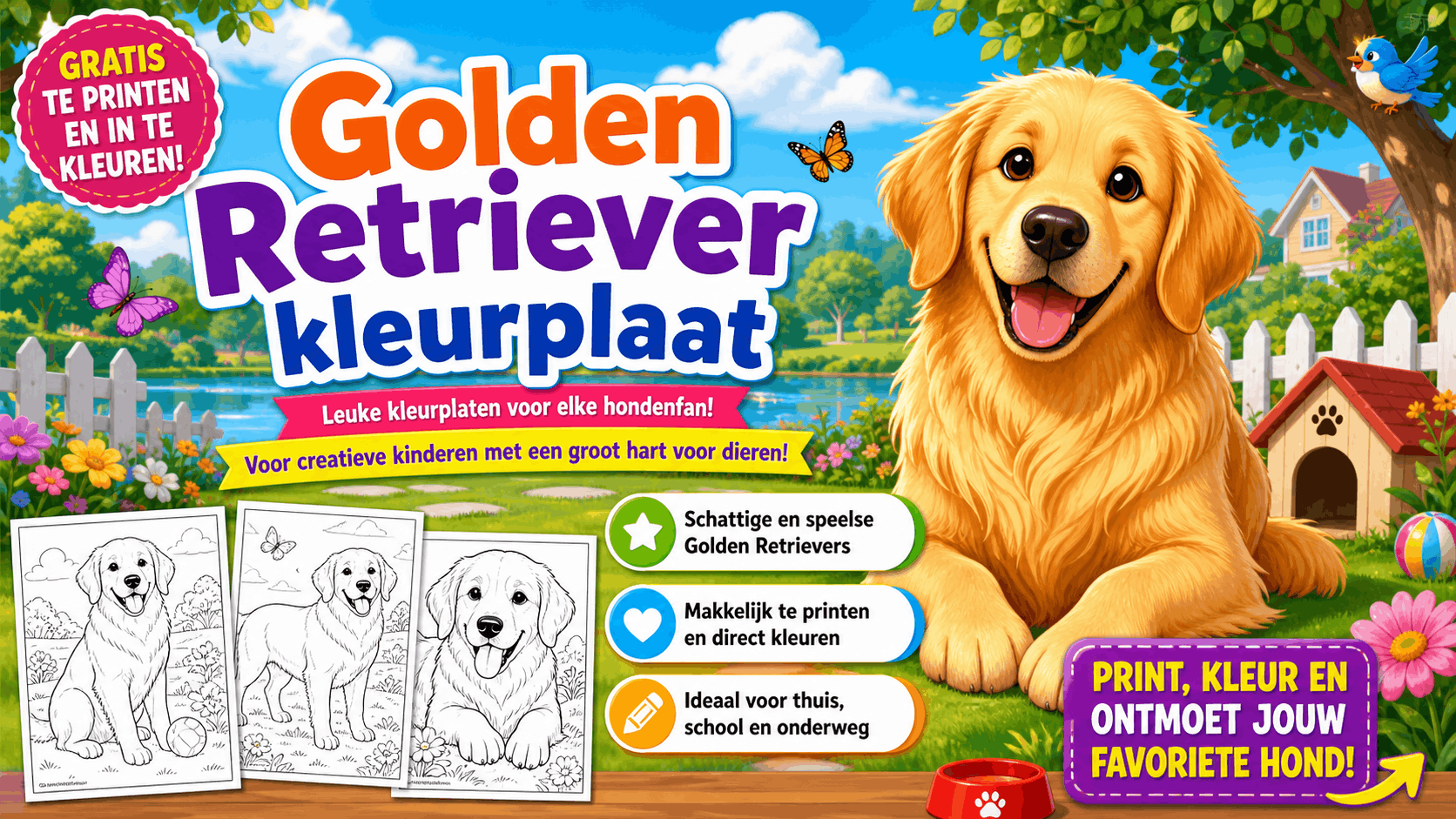 Golden Retriever Kleurplaat met hond om in te kleuren en gratis te printen