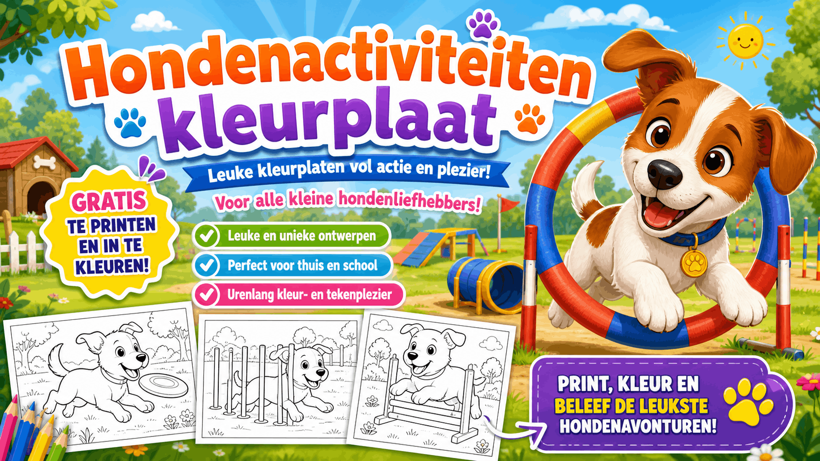 Hondenactiviteiten Kleurplaat met hond om in te kleuren en gratis te printen