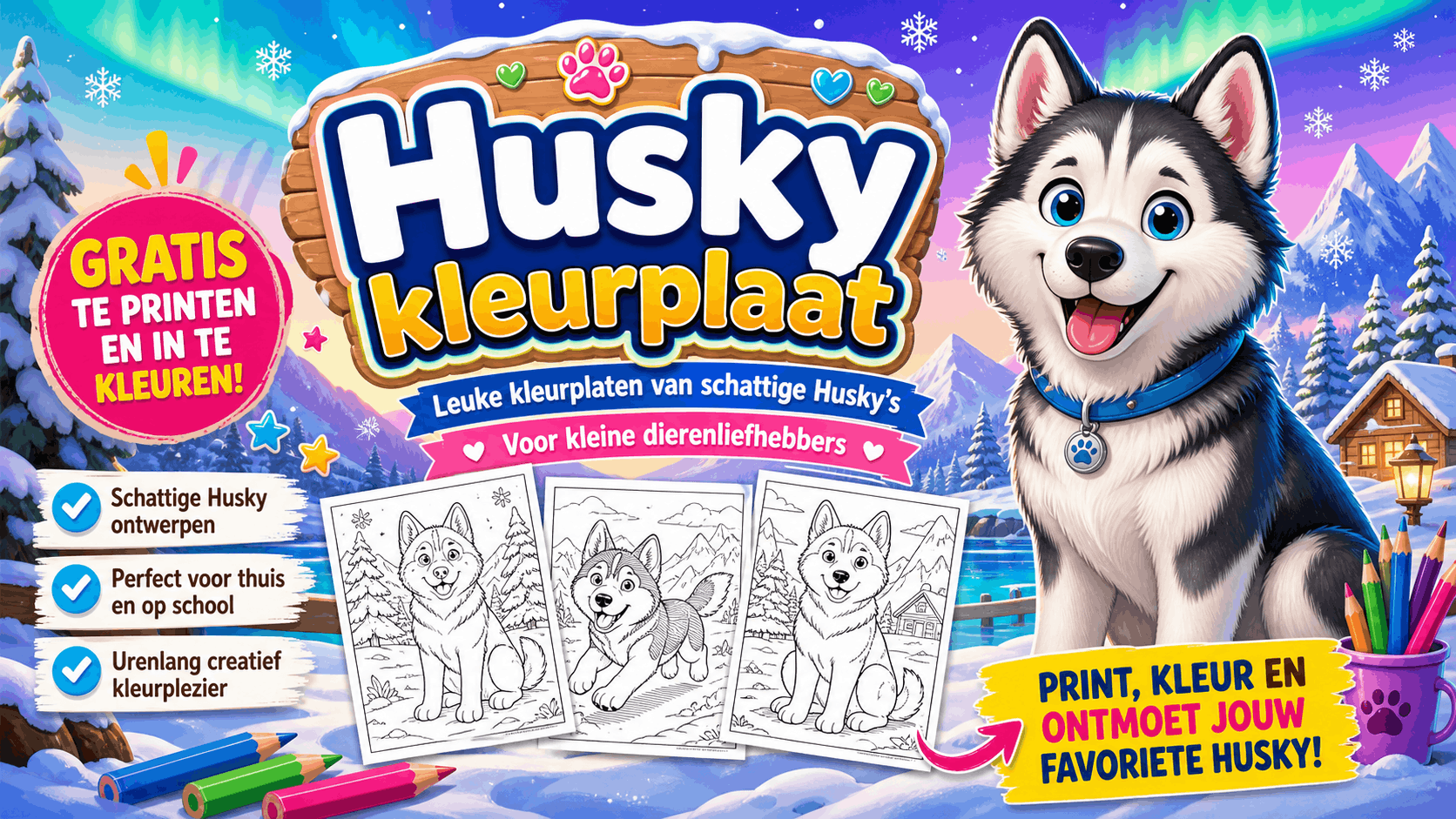 Husky Kleurplaat met hond om in te kleuren en gratis te printen
