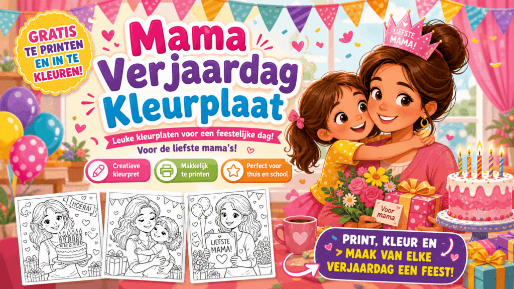 Mama Verjaardag Kleurplaat met taart, bloemen en cadeautjes