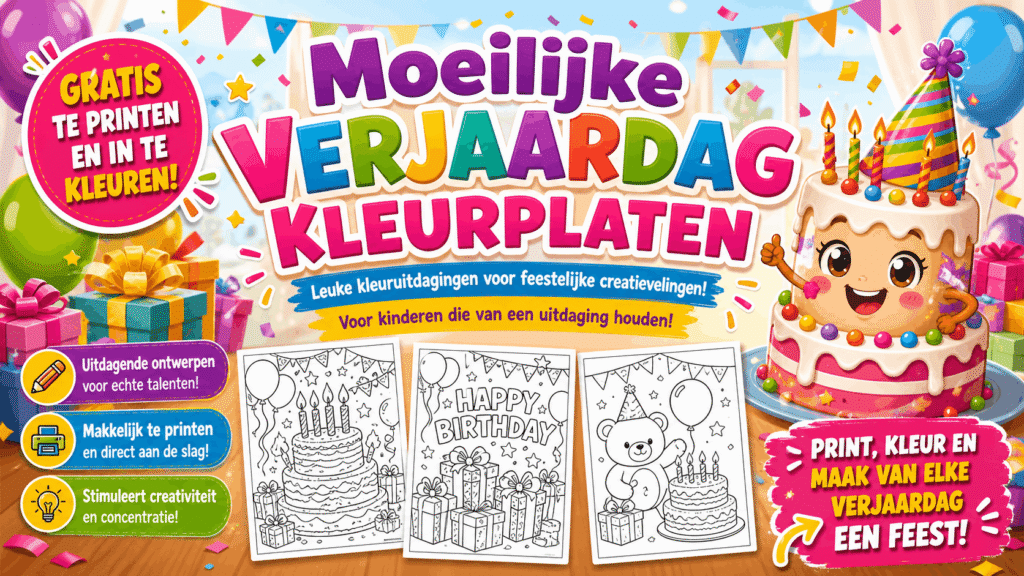 Moeilijke Verjaardag Kleurplaten met taart, ballonnen en cadeaus