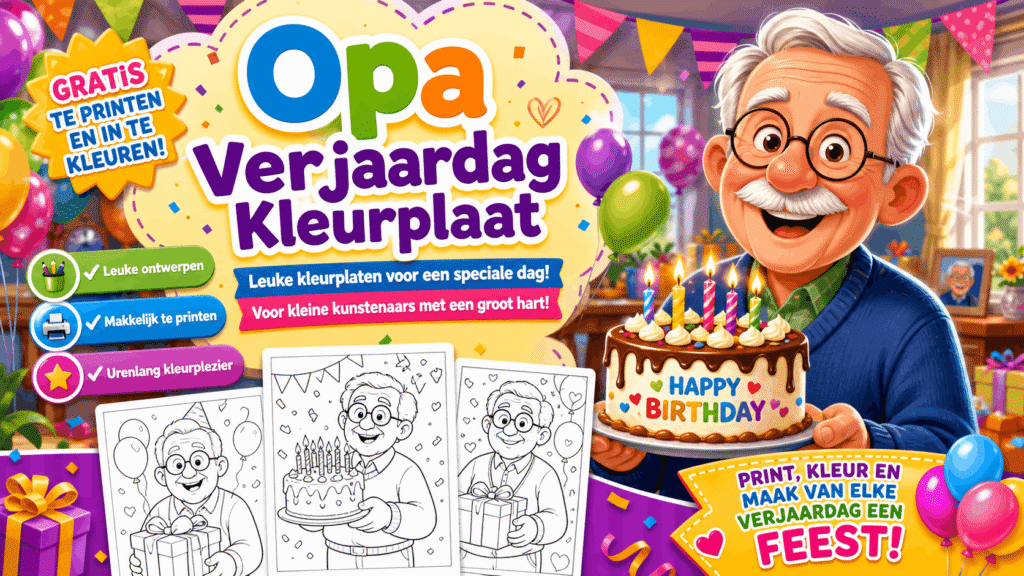 Opa Verjaardag Kleurplaat met taart en cadeautjes