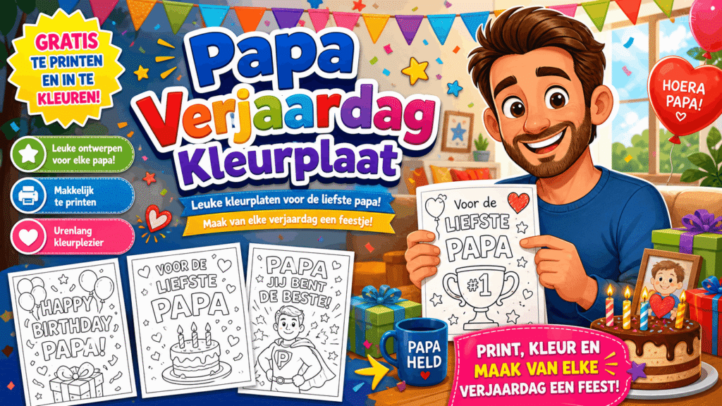 Papa Verjaardag Kleurplaat met taart en cadeaus