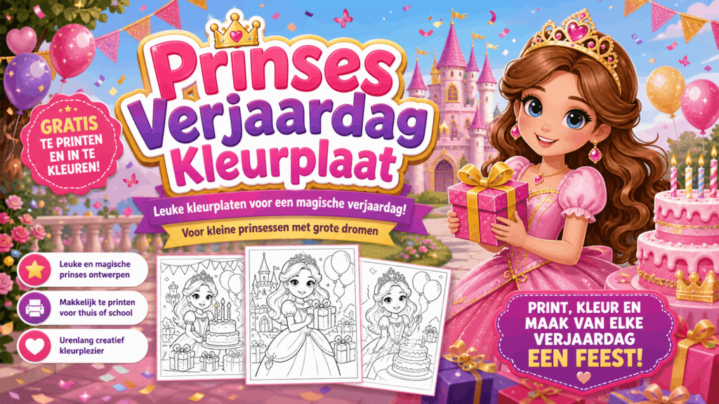 Prinses Verjaardag Kleurplaat met kroon en cadeaus