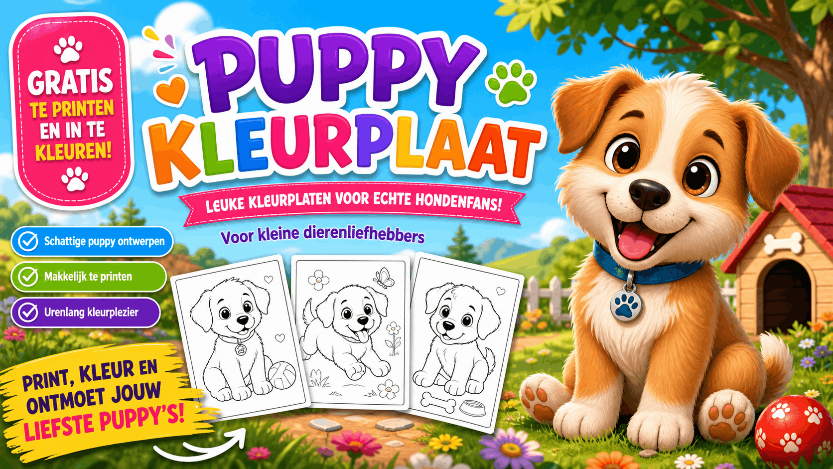 Puppy Kleurplaat met hond om in te kleuren en gratis te printen