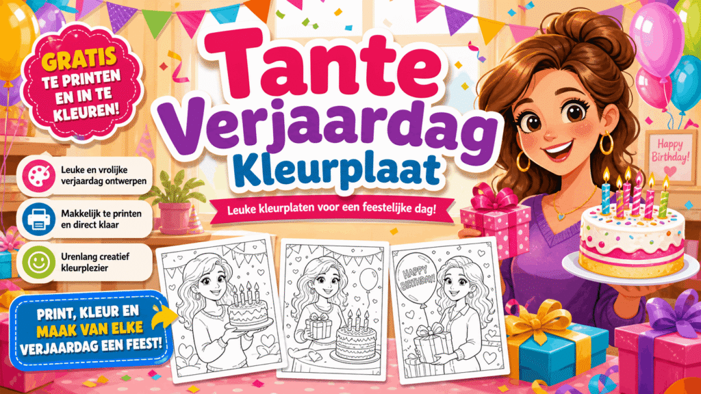 Tante Verjaardag Kleurplaat met feestelijke taart en ballonnen