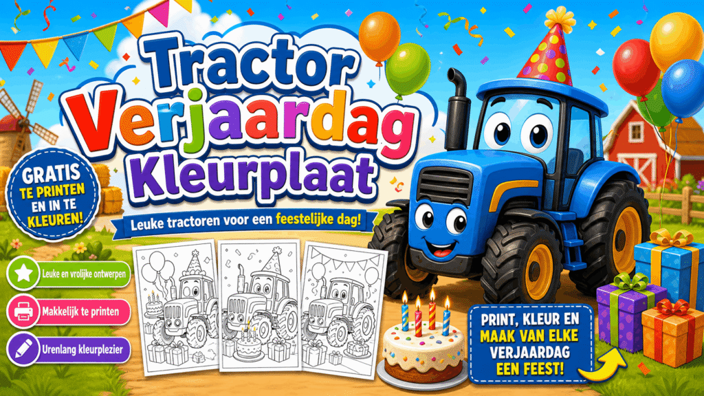 Tractor Verjaardag Kleurplaat met taart en feestelijke slingers