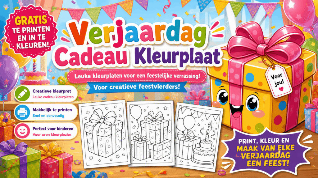 Verjaardag Cadeau Kleurplaat met cadeau en feestelijke versiering