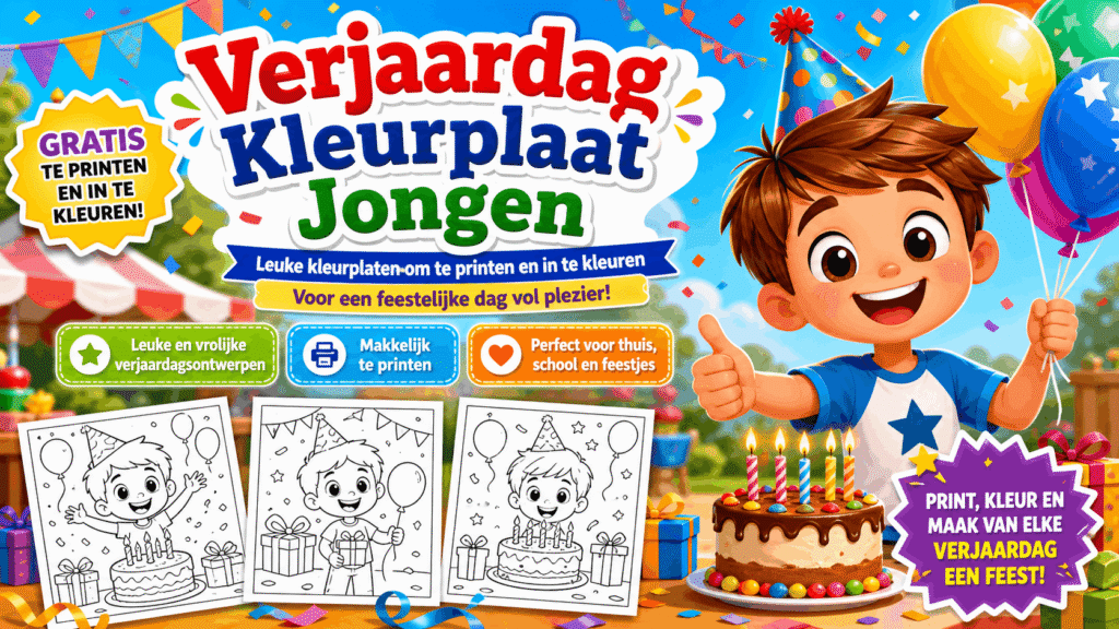 Verjaardag Kleurplaat Jongen met feestelijke taart en ballonnen