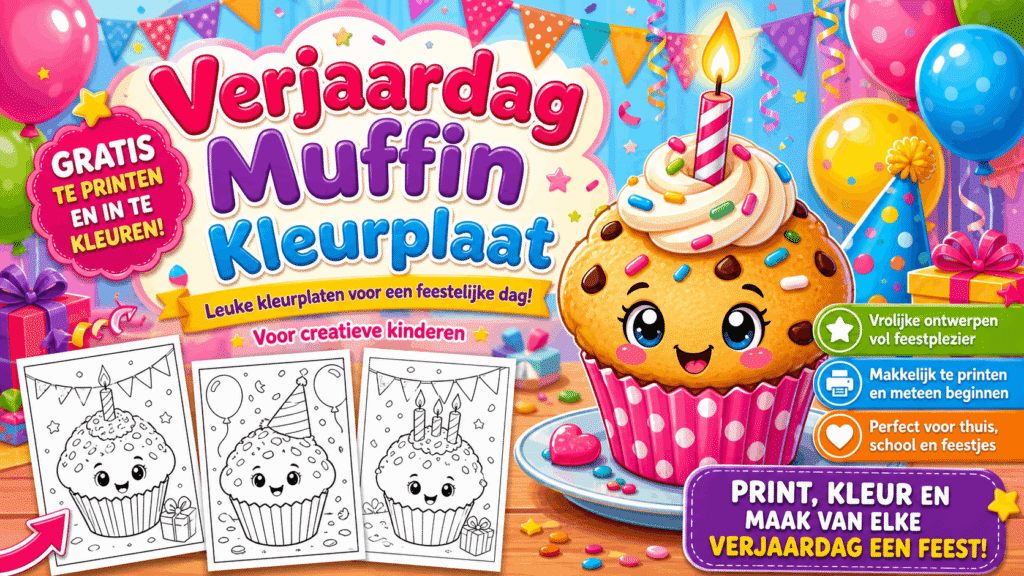 Verjaardag Muffin Kleurplaat met feestelijke taartjes en versiering