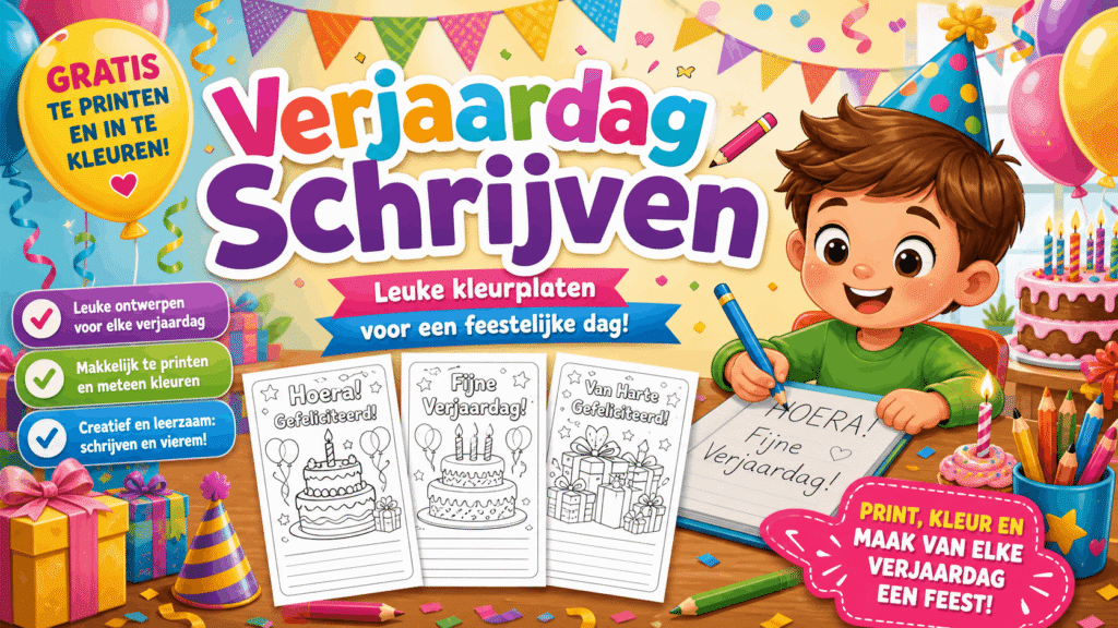 Verjaardag Schrijven kleurplaat met taart, ballonnen en cadeaus