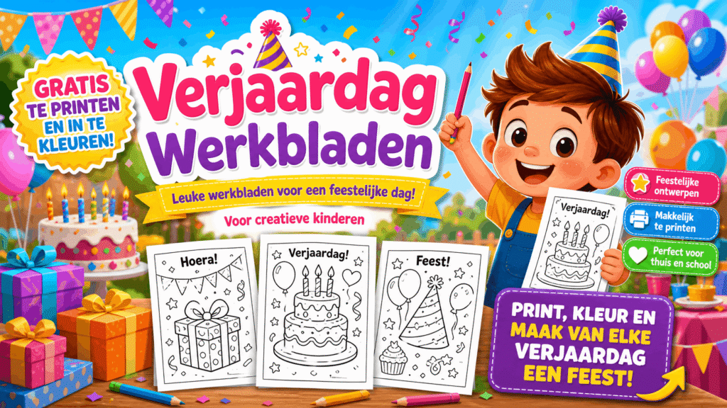 Verjaardag Werkbladen kleurplaat met taart en feestelijke slingers