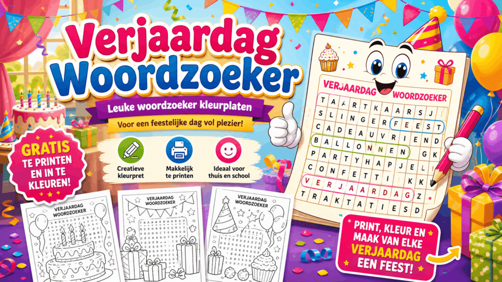 Verjaardag Woordzoeker kleurplaat met feestelijke letters en ballonnen