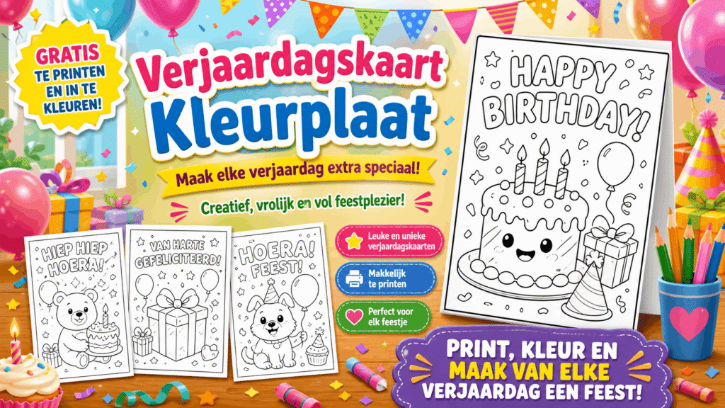 Verjaardagskaart Kleurplaat met feestelijke ballonnen en taart