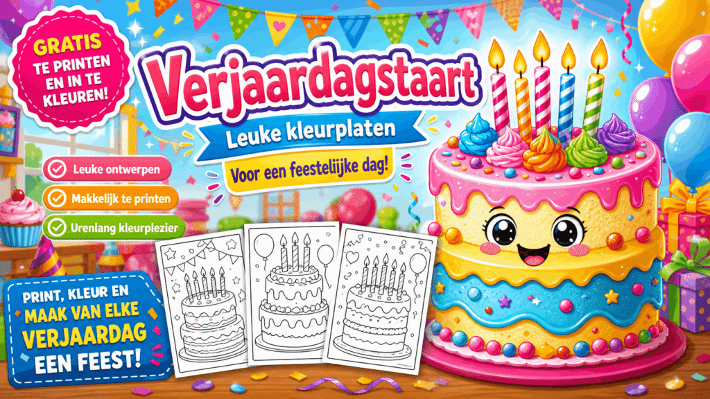 Verjaardagstaart Kleurplaat met kaarsen en vrolijke versiering