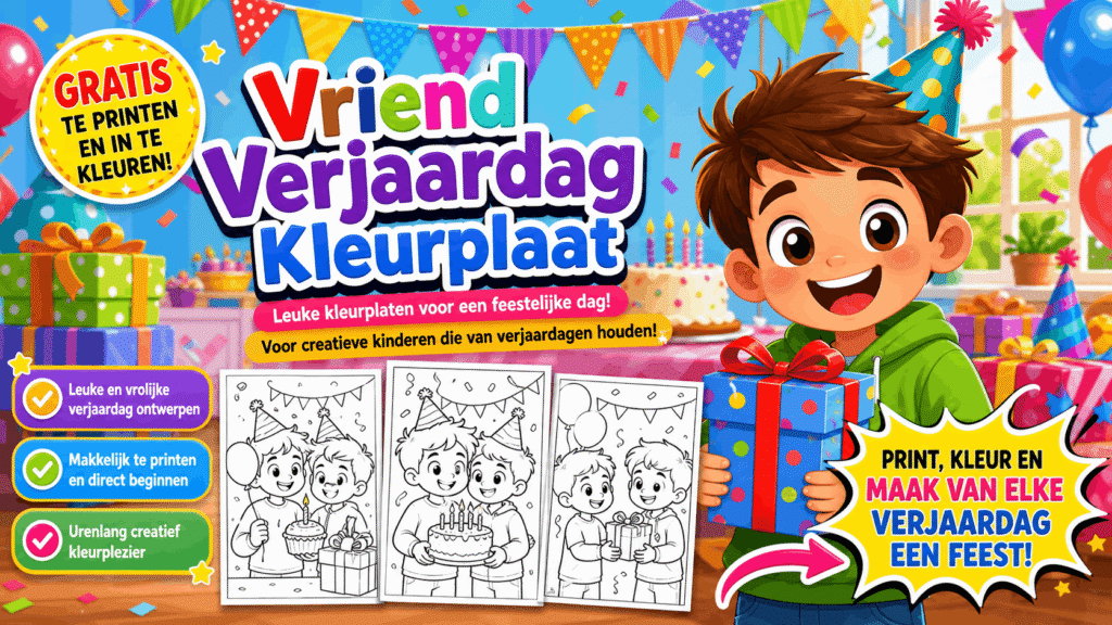 Vriend Verjaardag Kleurplaat kleurplaat met feestelijke slingers en taart