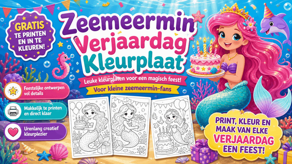Zeemeermin Verjaardag Kleurplaat met taart en ballonnen