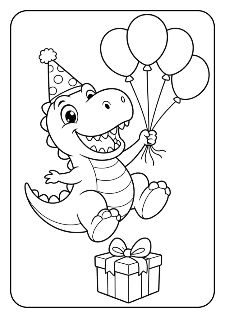 Schattige T-Rex verjaardag kleurplaat met ballonnen en cadeau