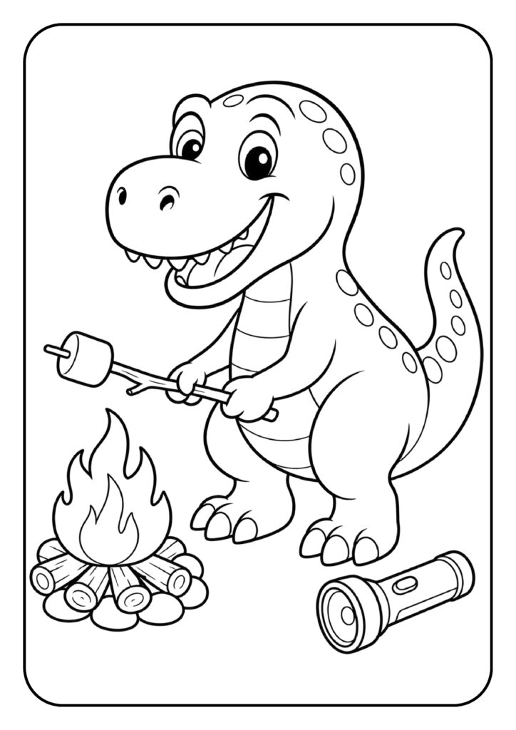 Schattige T-Rex kleurplaat bij kampvuur met marshmallow en zaklamp