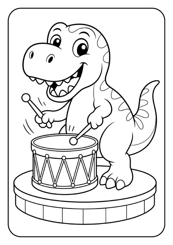 Schattige T-Rex kleurplaat die op een trommel speelt op een podium