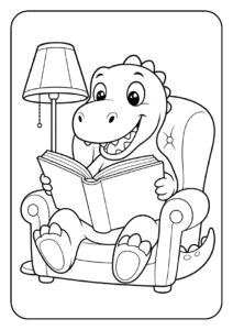 Schattige T-Rex kleurplaat die een boek leest in een comfortabele stoel