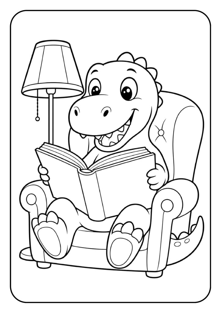 Schattige T-Rex kleurplaat die een boek leest in een comfortabele stoel