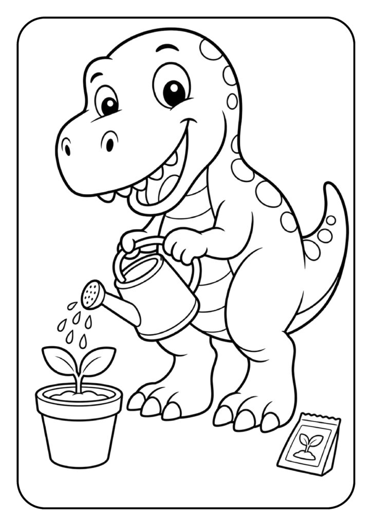 Schattige T-Rex kleurplaat die een plant water geeft met een gieter