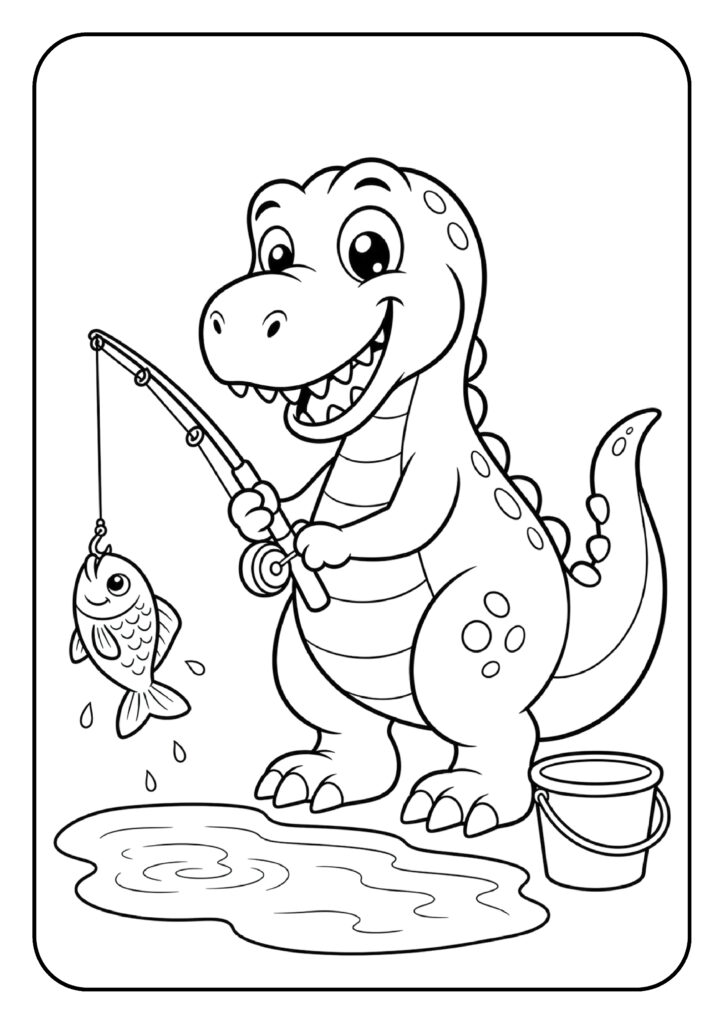 Schattige cartoon dinosaurus die blij vist met hengel en emmer op een eenvoudige kleurplaat