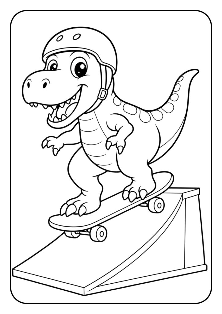 kleurplaat van schattige Tyrannosaurus rex met helm skateboardend op een ramp