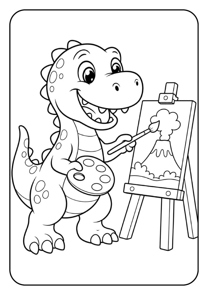 Schattige cartoon dinosaurus schildert een vulkaan op een ezel in een speelse kleurplaat