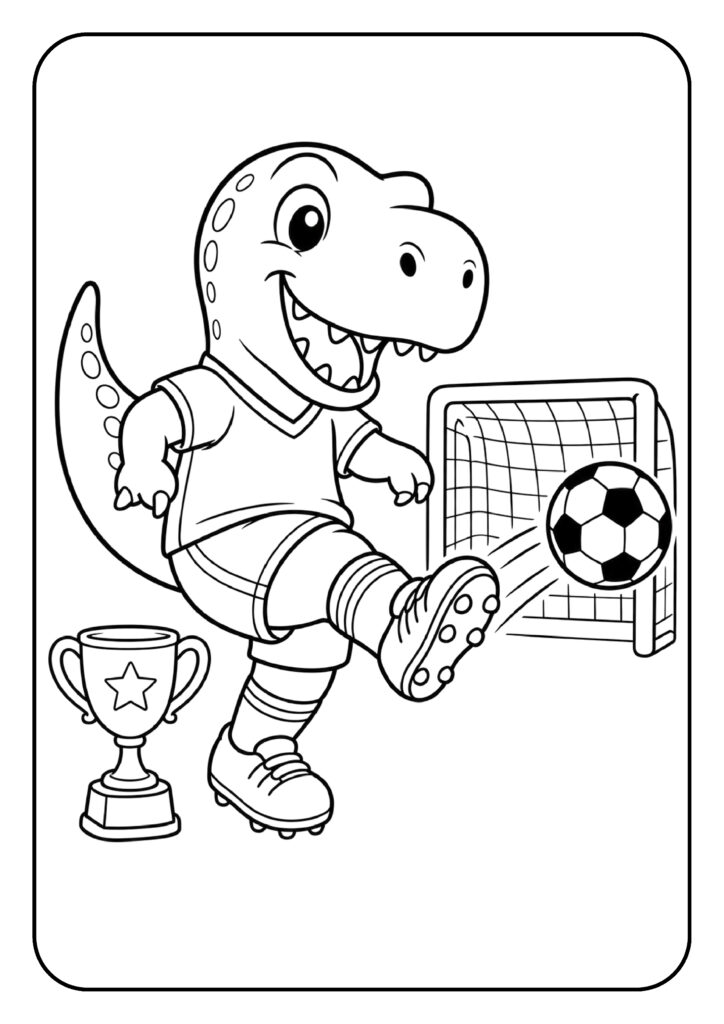 Kleurplaat van een schattige dinosaurus in voetbaluniform die een voetbal naar een doel schiet met een trofee naast het doel