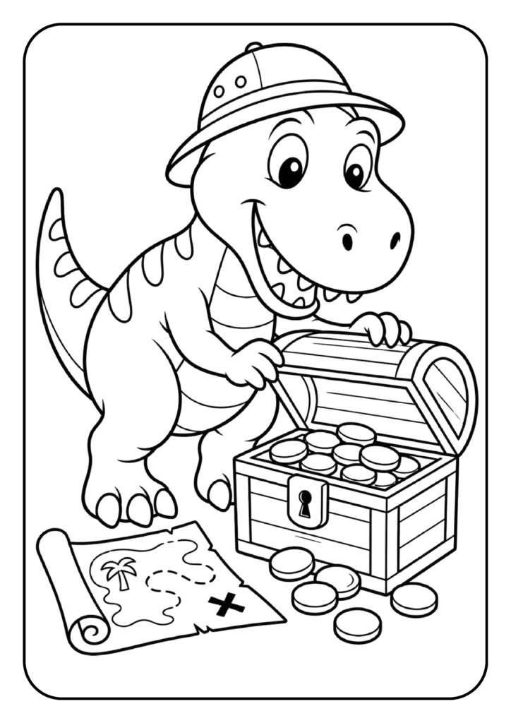 schattige cartoon dinosaurus met hoed die een schatkist vol munten opent met een schatkaart erbij