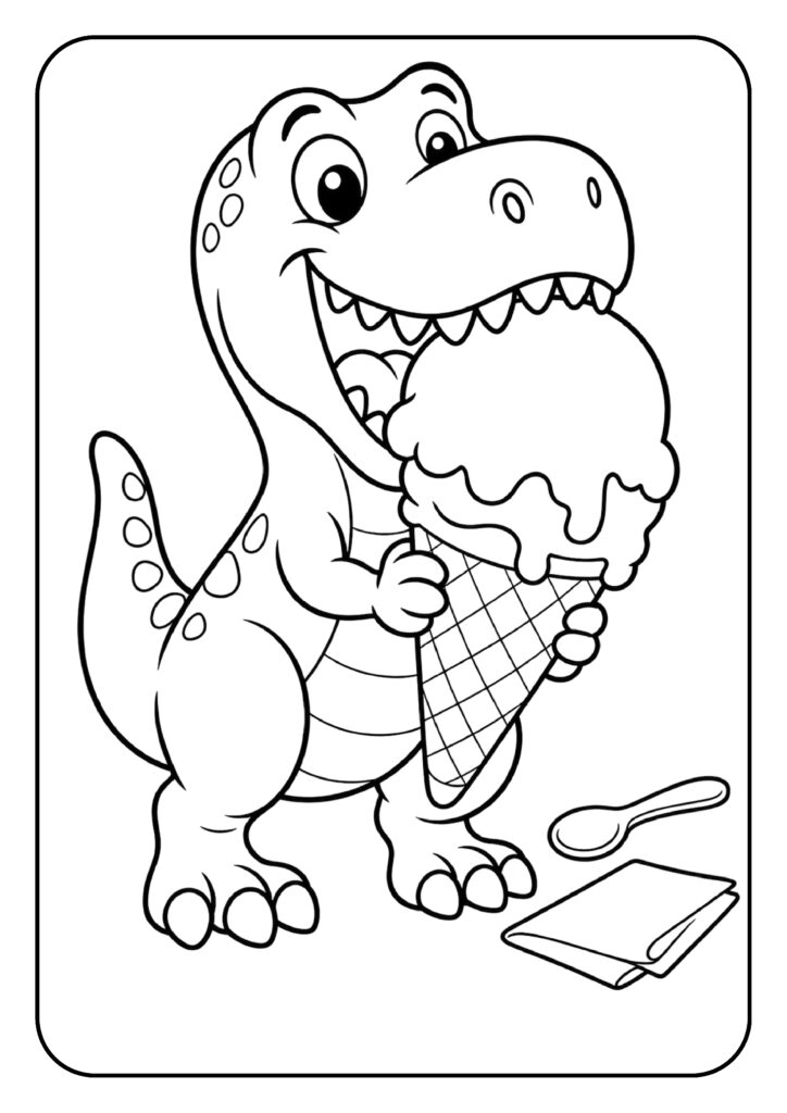 Kleurplaat van een schattige cartoon dinosaurus die blij een groot ijsje vasthoudt