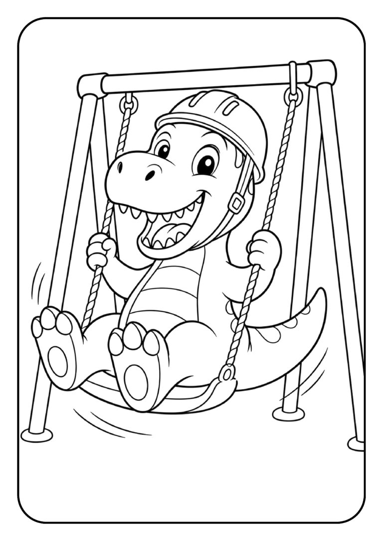 Vrolijke schattige dinosaurus met helm die op een schommel zit en plezier heeft