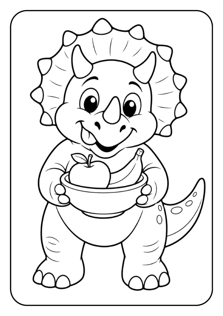 Leuke kleurplaat van een schattige triceratops die een kom met fruit vasthoudt, geschikt voor jonge kinderen.