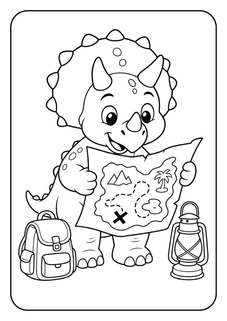 Schattige Triceratops kleurplaat met een dinosaurus die een schatkaart vasthoudt, naast een rugzak en een lamp.