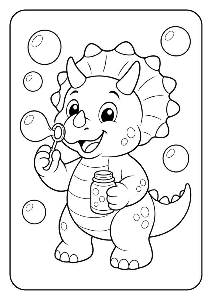 Leuke kleurplaat van een schattige, lachende triceratops die bellen blaast