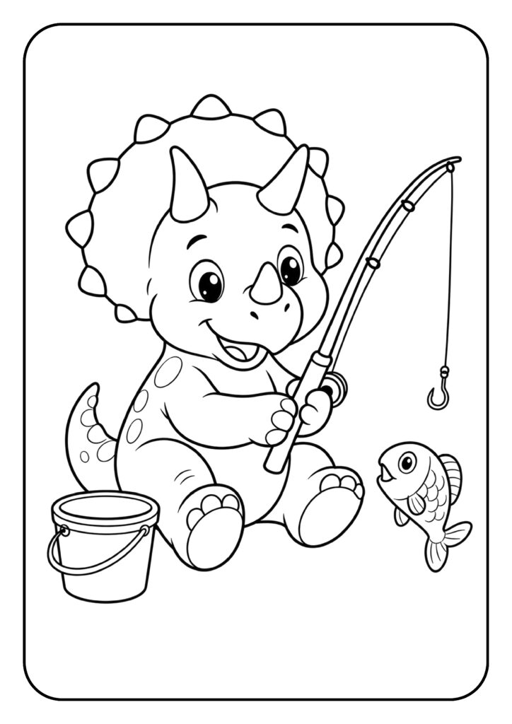 Schattige triceratops kinder kleurplaat die speelt met een hengel en een visje vangt.