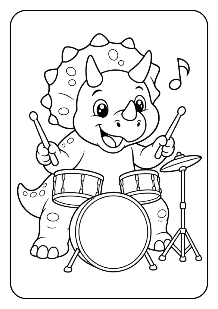 Leuke kleurplaat van een vrolijke Triceratops die op een drumstel speelt voor kinderen.